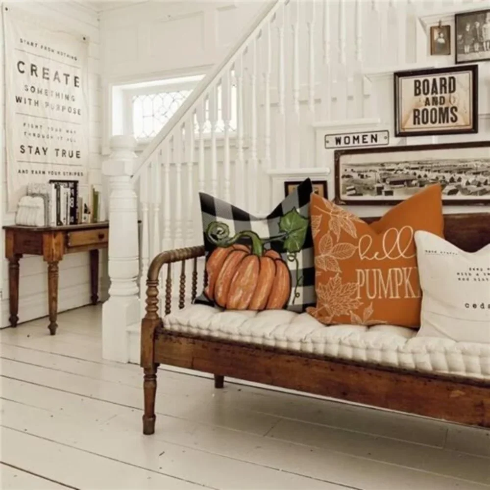 Set of 4 Fall Pillow Covers 18x18 - Buffalo Plaid, Pumpkin & Maple‎ Leaves,